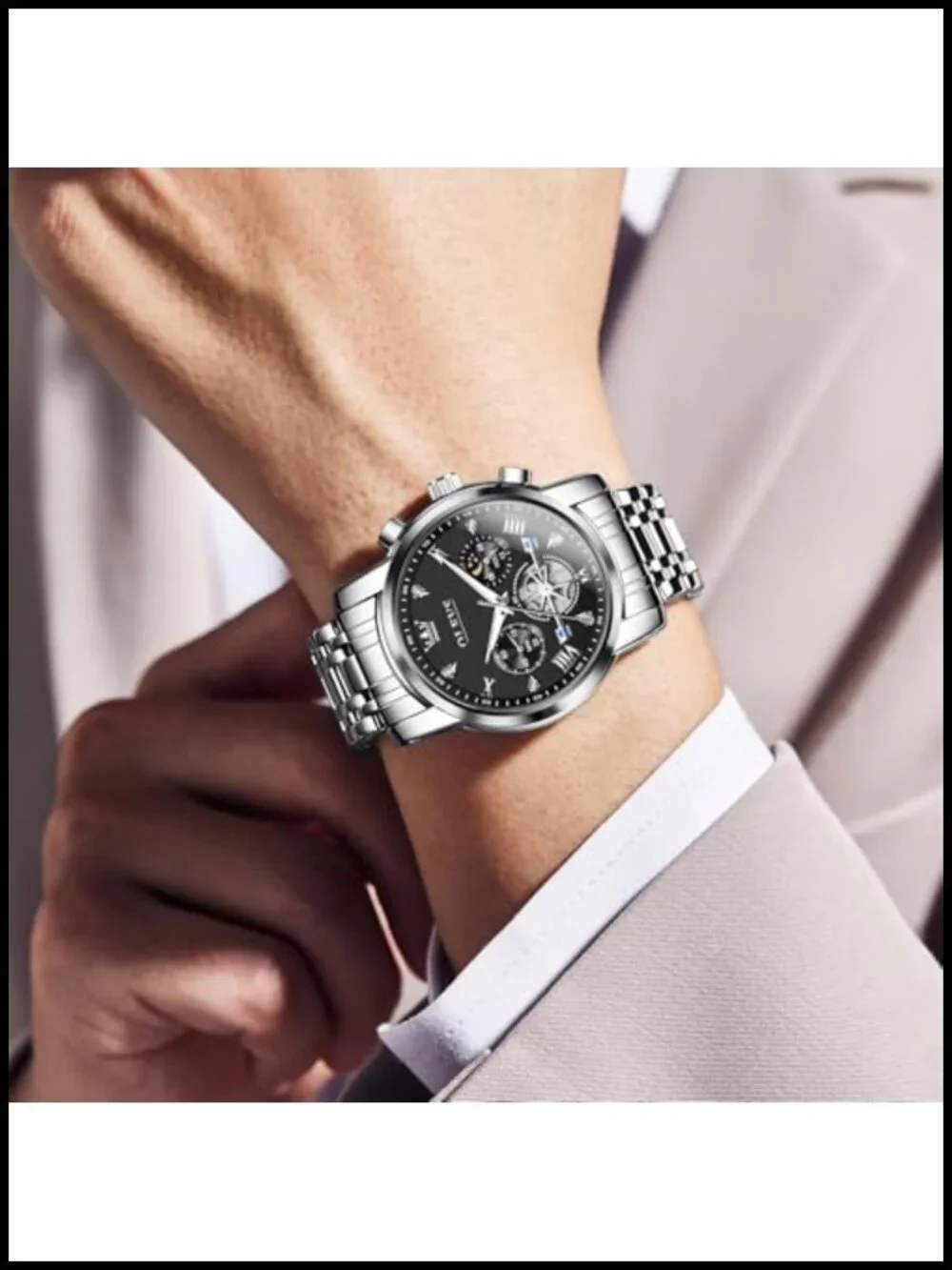 Mens Stainless Steel Chronograph Watch Diamond Roman Numeral Quartz Dress